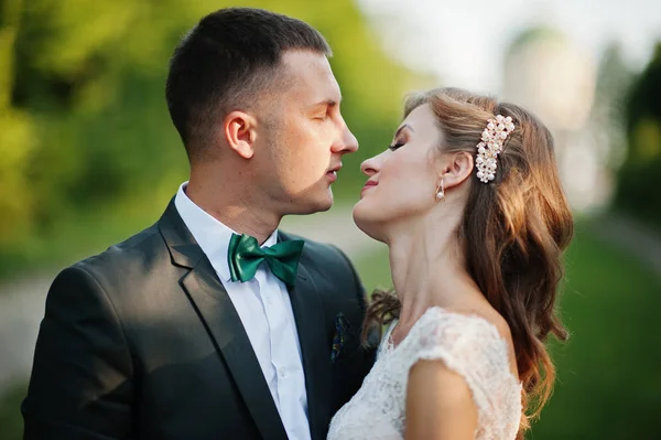 Lovely wedding couple walking along the green alley which leads — Stock Photo, Image