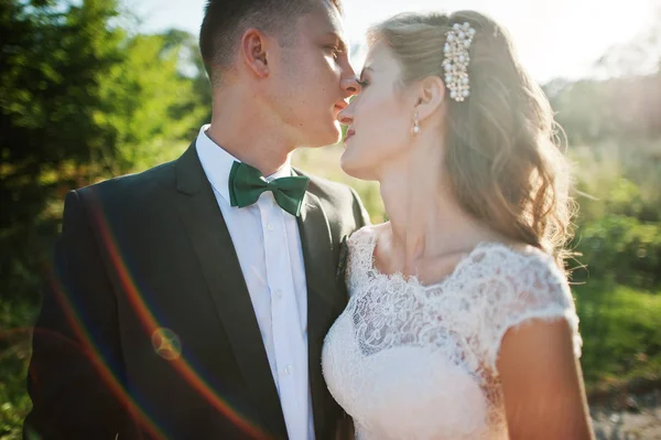 Casamento romântico casal abraçando e de mãos dadas no país — Fotografia de Stock