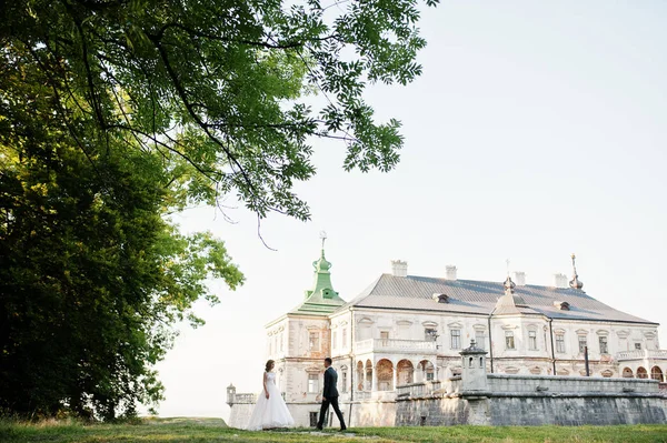 Fabelhaftes Hochzeitspaar posiert vor einem alten mittelalterlichen Schloss — Stockfoto