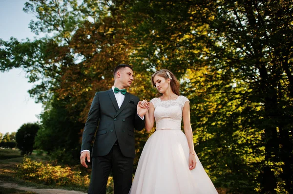 Casal recém-casado curtindo a companhia um do outro na floresta — Fotografia de Stock