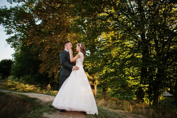 Novomanželský pár těší společnosti toho druhého v lese — Stock fotografie