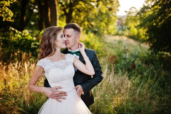 Pareja recién casada disfrutando de la compañía del otro en el bosque —  Fotos de Stock