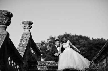 Romantik Düğün çifti merdivenlerden Kalesi'nin yanında oturan