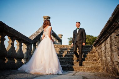 Muhteşem düğün çift t üzerinde kale bölgesi yürüyüş