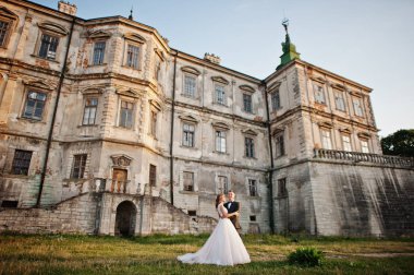 Eski bir ortaçağ castl önünde poz muhteşem Düğün çifti