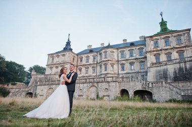 Eski bir ortaçağ castl önünde poz muhteşem Düğün çifti