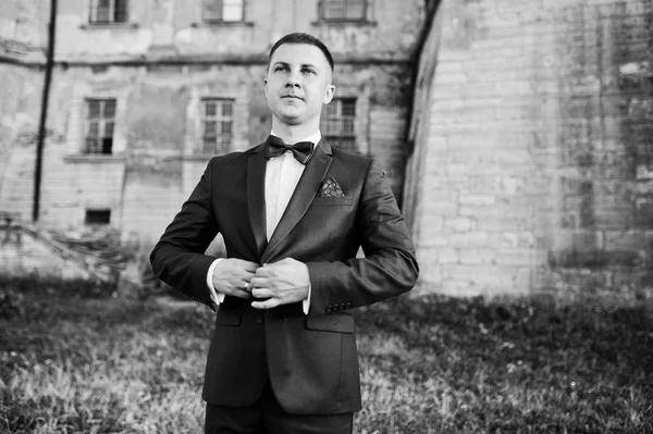 Portrait of a handsome groom standing on the grass next to the c — Stock Photo, Image