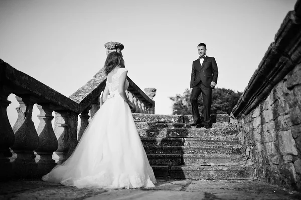 Fabuleux couple de mariage se promenant autour du territoire du château sur t — Photo