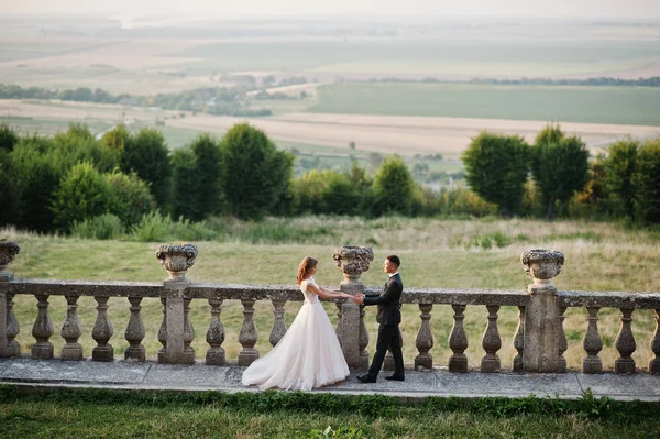 Fabuleux couple de mariage se promenant autour du territoire du château sur t — Photo