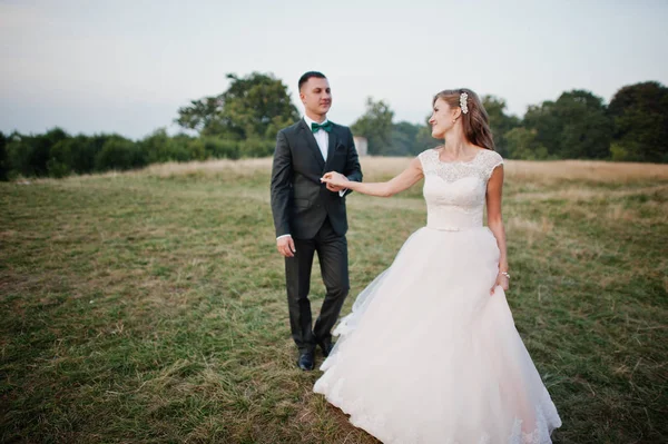 Feliz boda pareja bailando en el prado en su precioso weddi —  Fotos de Stock