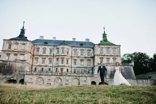 Fabulous wedding couple posing in front of an old medieval castl — Stock Photo, Image