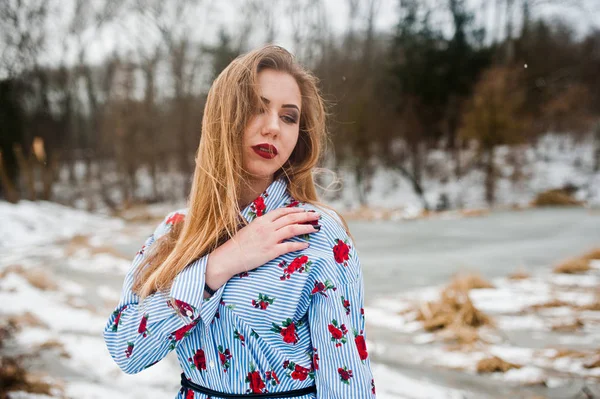 Stilvolles Mädchen im Kleid an einem Wintertag gegen den zugefrorenen See. — Stockfoto