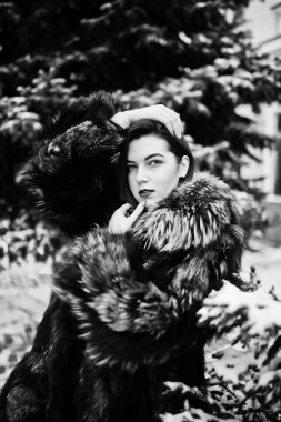 Kış günü karlı çam karşı yeşil kürk paltolu esmer kız