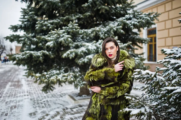 Brunett tjej i gröna päls på vintern dagen mot snöiga furu — Stockfoto