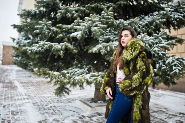 Bruna ragazza in pelliccia verde nella giornata invernale contro il pino nevoso — Foto Stock