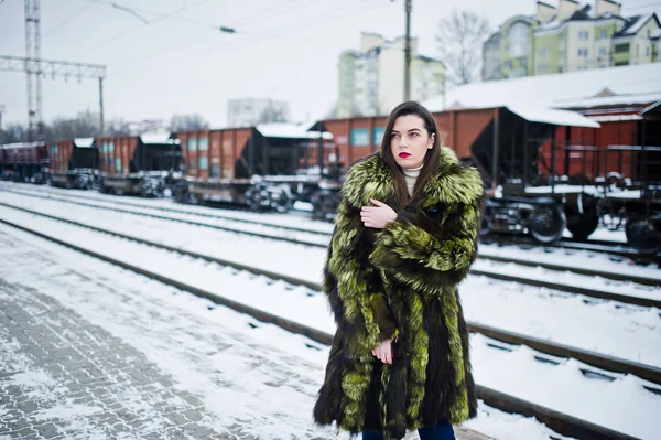 Brunette fille en manteau de fourrure vert sur la station de quai à winte — Photo