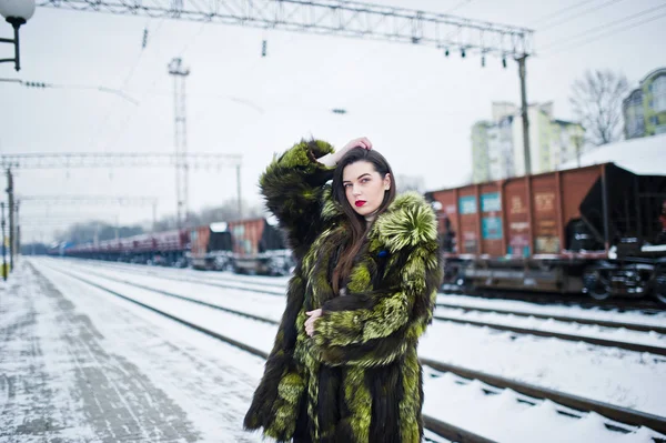 Brunette fille en manteau de fourrure vert sur la station de quai à winte — Photo