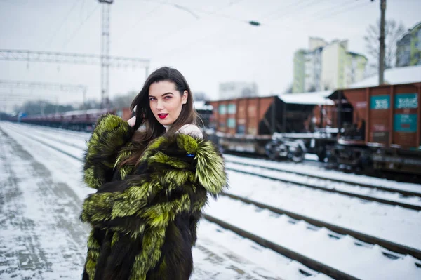 Brunette fille en manteau de fourrure vert sur la station de quai à winte — Photo