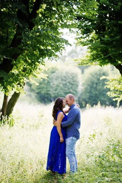 Прекрасная влюбленная пара в Грин Парке. Девушка в синем платье . — стоковое фото