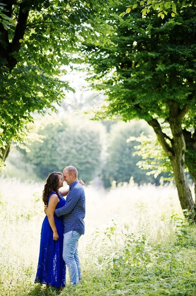 Υπέροχο ζευγάρι στην αγάπη στο καταπράσινο πάρκο. Κορίτσι με μπλε φόρεμα. — Φωτογραφία Αρχείου