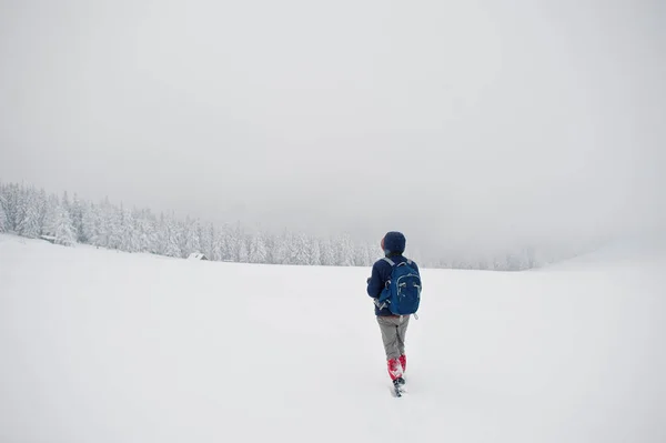 Φωτογράφος τουριστικά άνδρα με σακίδιο, στο βουνό με πεύκο tr — Φωτογραφία Αρχείου