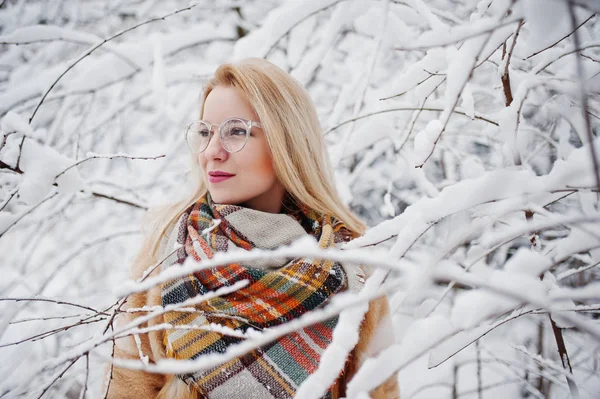 Retrato de chica rubia en gafas, abrigo de piel roja y bufanda en wi — Foto de Stock