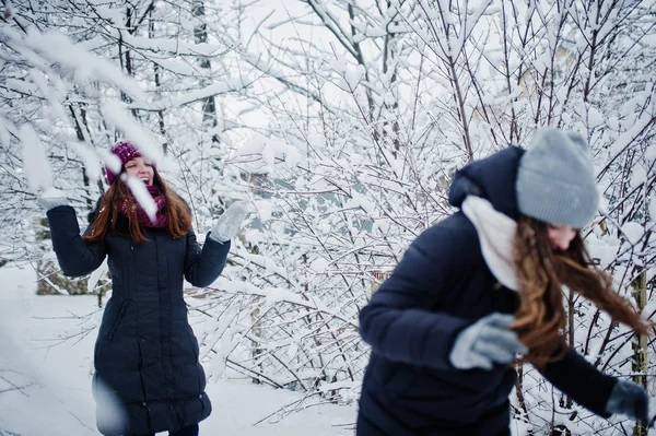 Δύο φίλοι αστεία κορίτσια να διασκεδάζουν στο χειμώνα χιονισμένο ημέρα κοντά στο χιόνι — Φωτογραφία Αρχείου