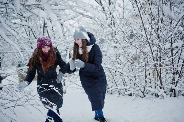 Dos amigas divertidas divirtiéndose en invierno día nevado cerca de la nieve —  Fotos de Stock