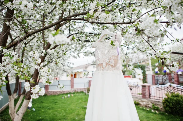 Vestido blanco de novia colgando en el árbol en flor al aire libre . — Foto de Stock