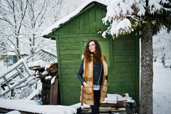 Menina encaracolado elegância em casaco de peles no parque florestal nevado agasinst gr — Fotografia de Stock