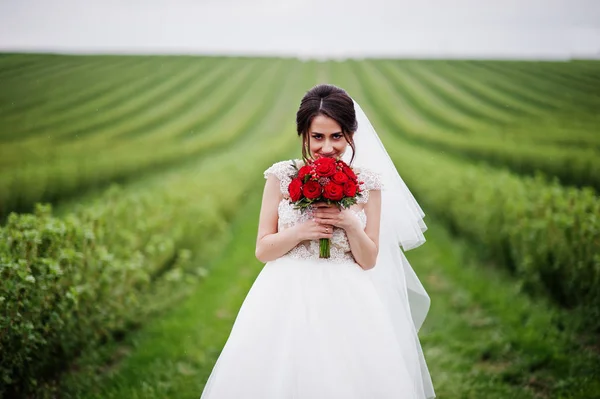 Retrato de una bella novia posando con su boda roja —  Fotos de Stock