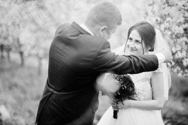 Muhteşem yeni evli çift çiçek açması bahçede poz