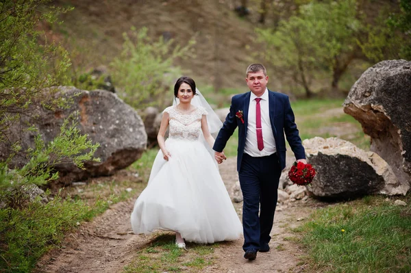 Романтична нещодавно одружена пара позує і ходить в скелястій місцевості — стокове фото