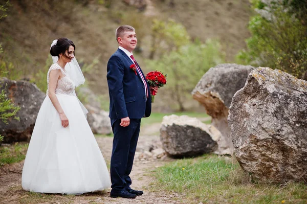 Romántica pareja de recién casados posando y caminando en cuenta rocosa —  Fotos de Stock