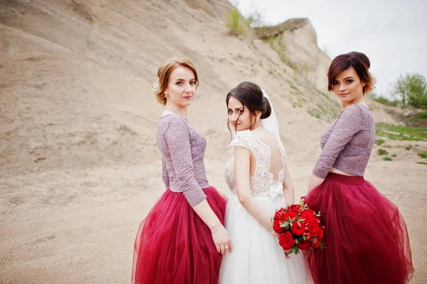 Novia posando con sus damas de honor en una cantera de arena en su boda —  Fotos de Stock