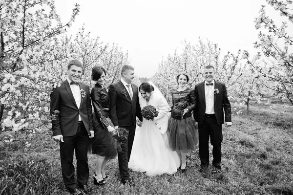 Couple de mariage passe du temps avec les garçons d'honneur et demoiselles d'honneur en h — Photo