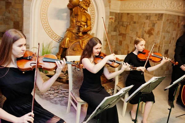 Cuarteto de cuerda tocando instrumentos en el restaurante en la boda —  Fotos de Stock