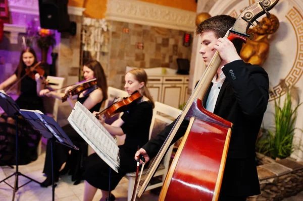 Cuarteto de cuerda tocando instrumentos en el restaurante en la boda —  Fotos de Stock