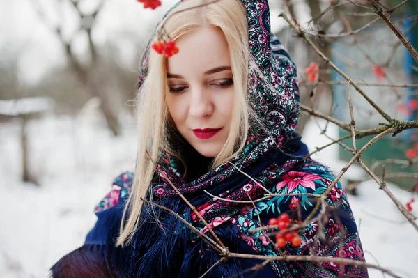 Chica rubia con bufanda bordada a mano posó en el día de invierno. Wom. — Foto de Stock