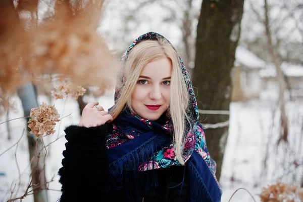 Blond meisje met de hand geborduurde sjaal stelde bij winterdag. WOM — Stockfoto