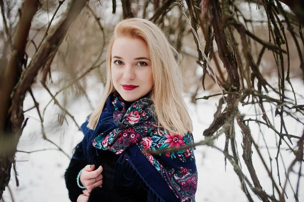 Blond tjej med hand broderad halsduk poserade på vinterdag. Wom — Stockfoto