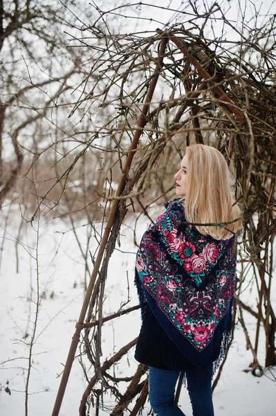 Blondes Mädchen mit handbesticktem Schal posierte am Wintertag. wom — Stockfoto