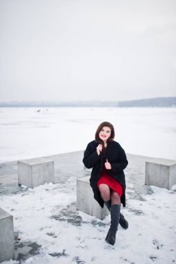 Kırmızı kış da da donmuş gölün karşı esmer artı boyutu modeli