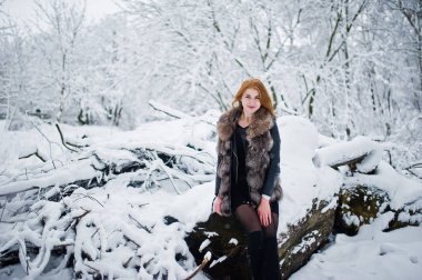 Kırmızı saçlı kız kış gününde Park ile husky köpek yürüyüş.