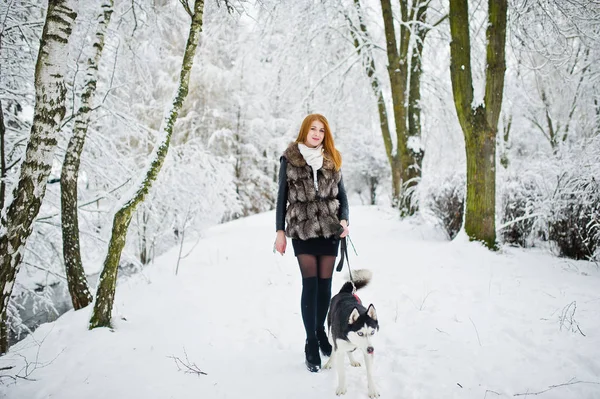 Menina de cabelos vermelhos andando no parque com cão husky no dia de inverno . — Fotografia de Stock