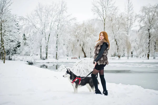 Vörös hajú lány téli napon husky kutya Park séta. — Stock Fotó