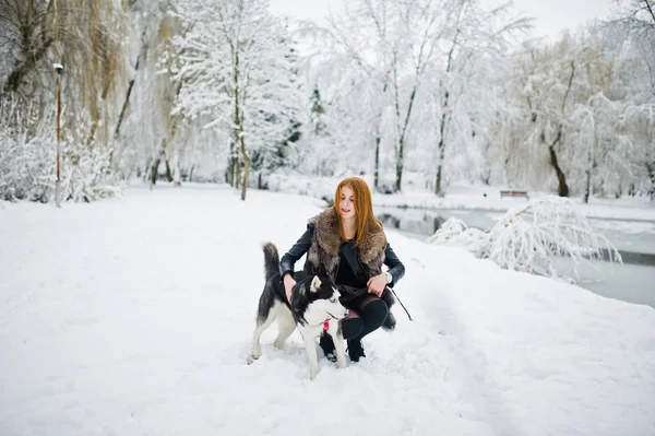 Menina de cabelos vermelhos andando no parque com cão husky no dia de inverno . — Fotografia de Stock