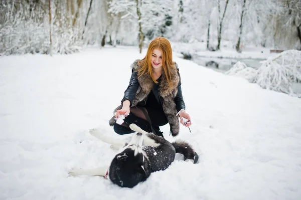 Vörös hajú lány téli napon husky kutya Park séta. — Stock Fotó