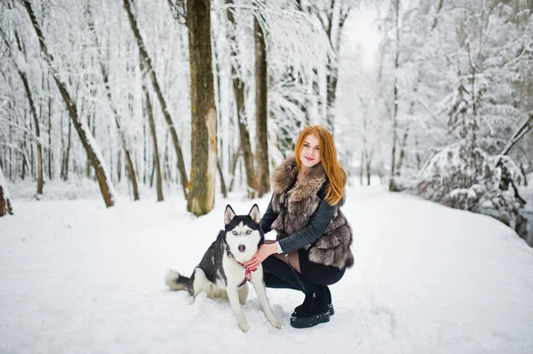 Kırmızı saçlı kız kış gününde Park ile husky köpek yürüyüş.
