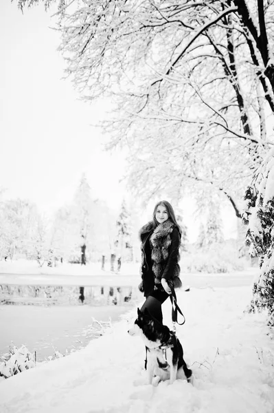 Rudowłosy dziewczyna spaceru w parku z psem husky na zimowe wieczory. — Zdjęcie stockowe
